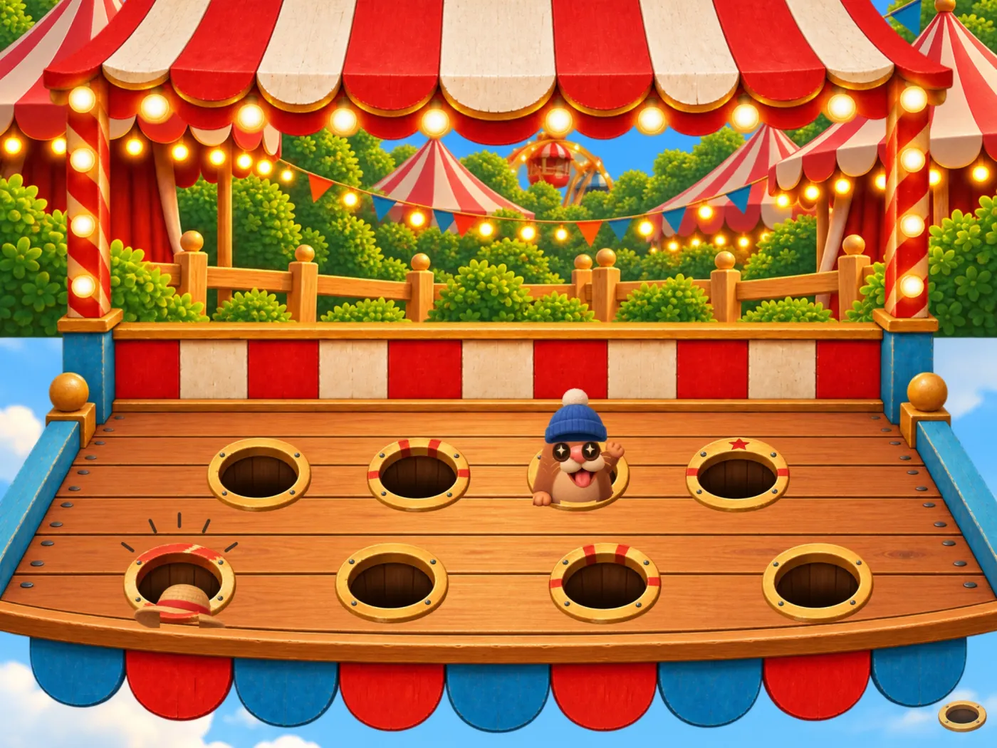 On iPad in landscape, the wide booth has eight burrows; a straw hat rises from one with little pop marks and a beanie-wearing little one grins from another.