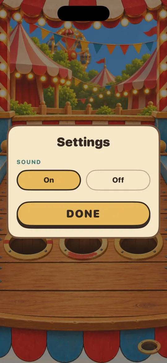 The grown-ups' settings sign over the booth: a Sound row with On chosen, and a yellow DONE button.