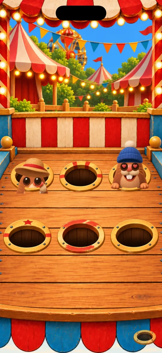 Two little ones up at once on the booth, one in a straw hat and one in a blue beanie, with four empty burrows around them.